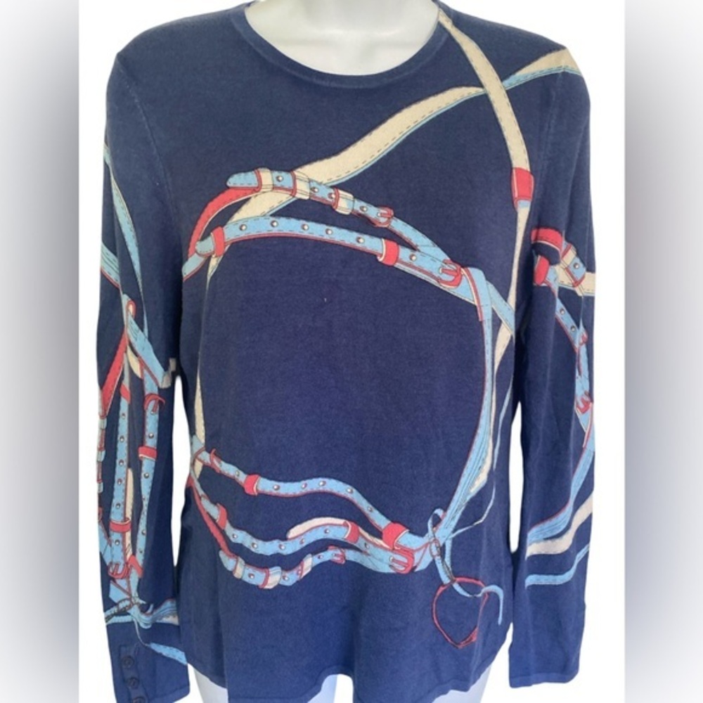 J McLaughlin Equestrian Sweater - XS blue , brown red , cotton spandex